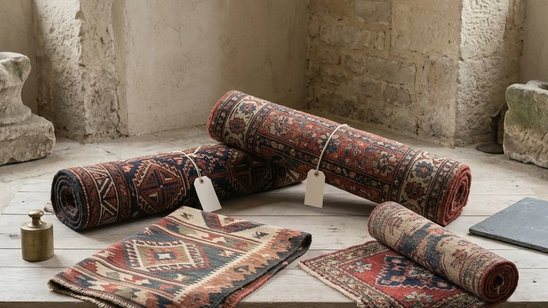 Rolled and stacked patterned rugs