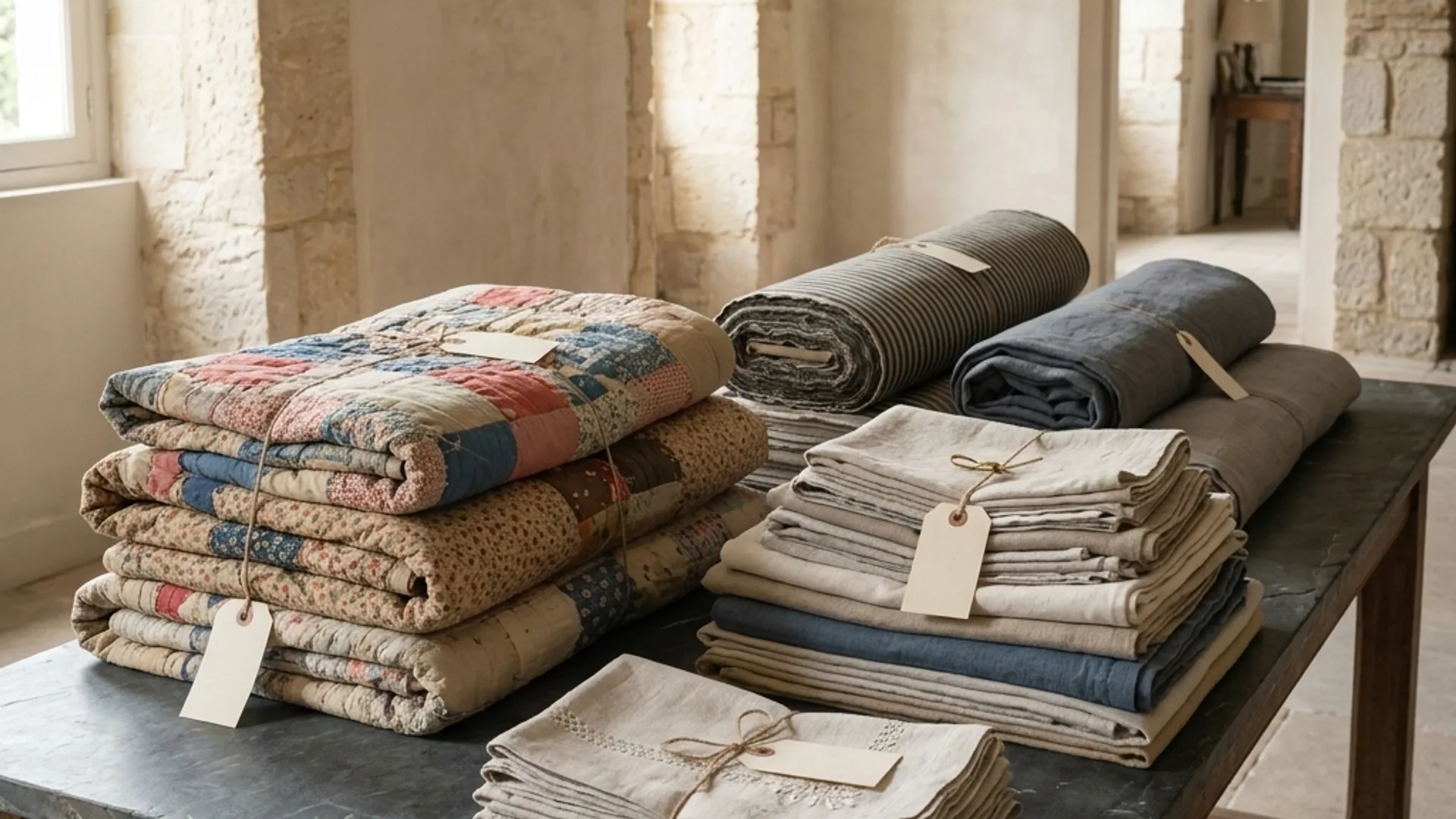 Folded quilts and linens in a stack