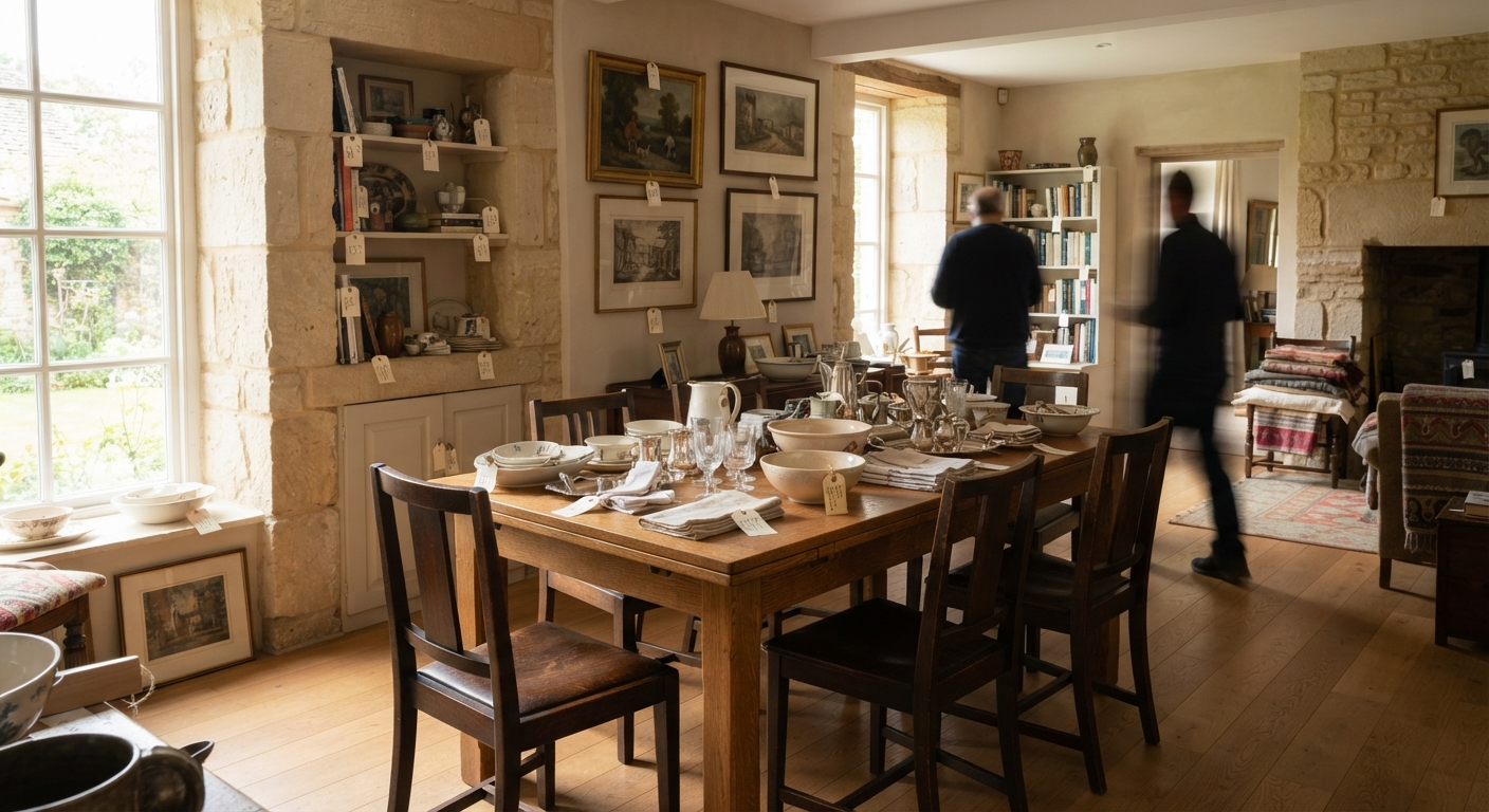Estate-sale dining room with tagged household objects photographed in place