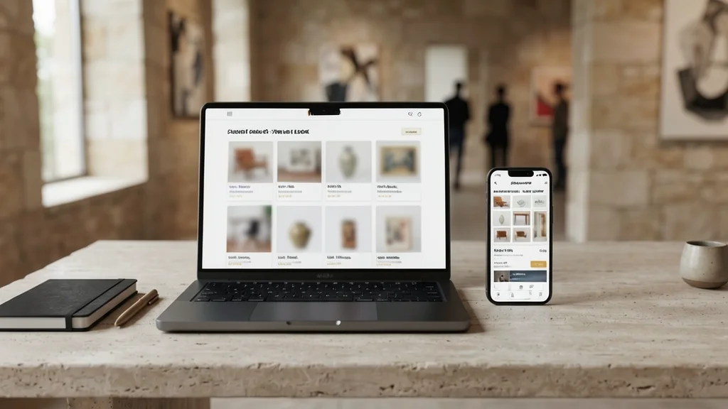 Laptop and phone side by side showing a timed-bid catalog