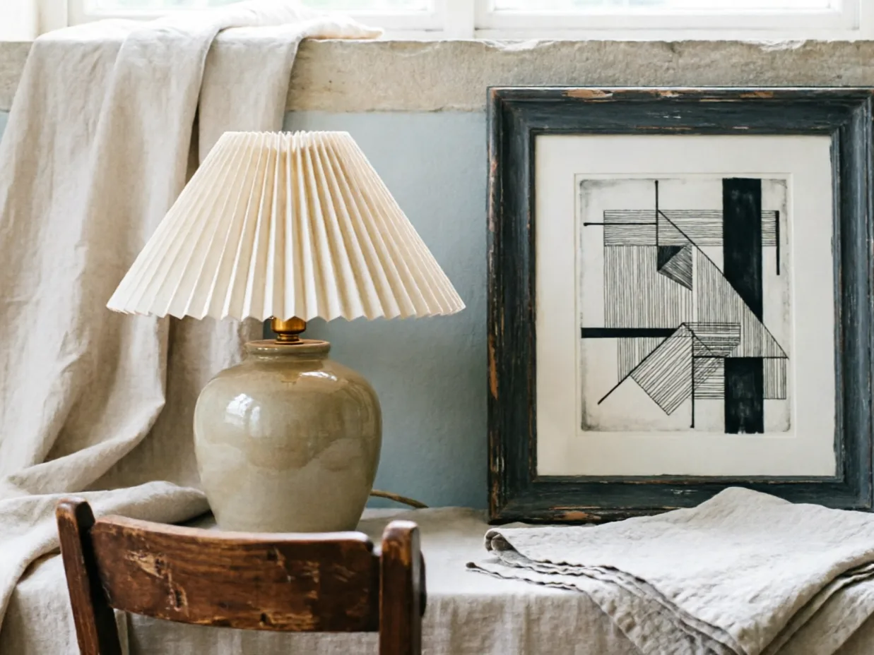 Tabletop of mixed estate lots — ceramic lamp, framed print, folded linen — in a stone room