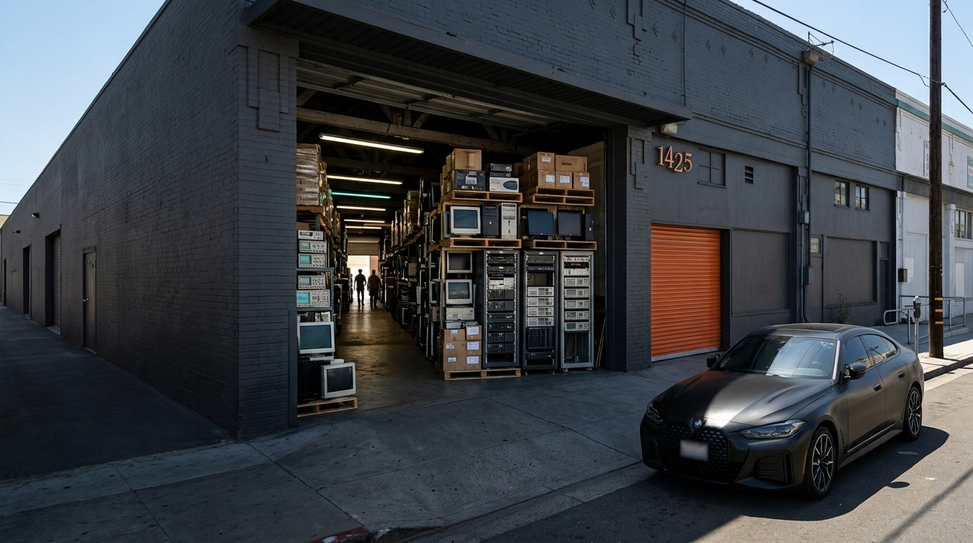 Matte black painted San Diego surplus warehouse with an open loading bay of computers and rack electronics