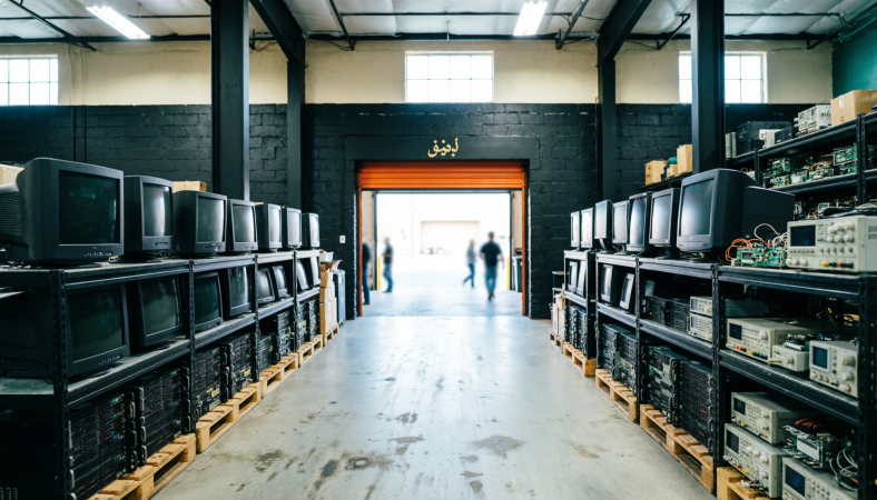 Interior catalog aisle of the black-painted surplus warehouse with racks of electronics